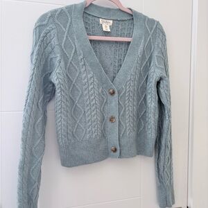 Jessica Simpson V-Neck Cable Knit Cardigan in Soft Blue